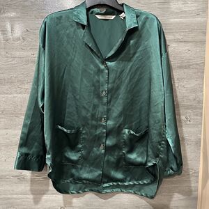 Victoria’s Secret Pajama Shirt Womens Large Emerald Green Satin Sleep Button Up